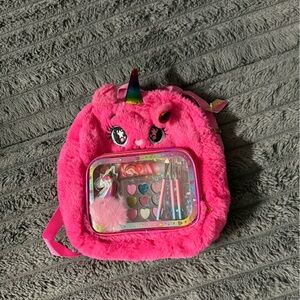 Pink Furry Unicorn Backpack with Stationery Set